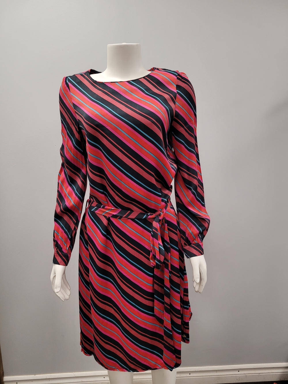 Fabienne Chapot Women's Pink Multi-Striped Long Sleeve Wrap Dress